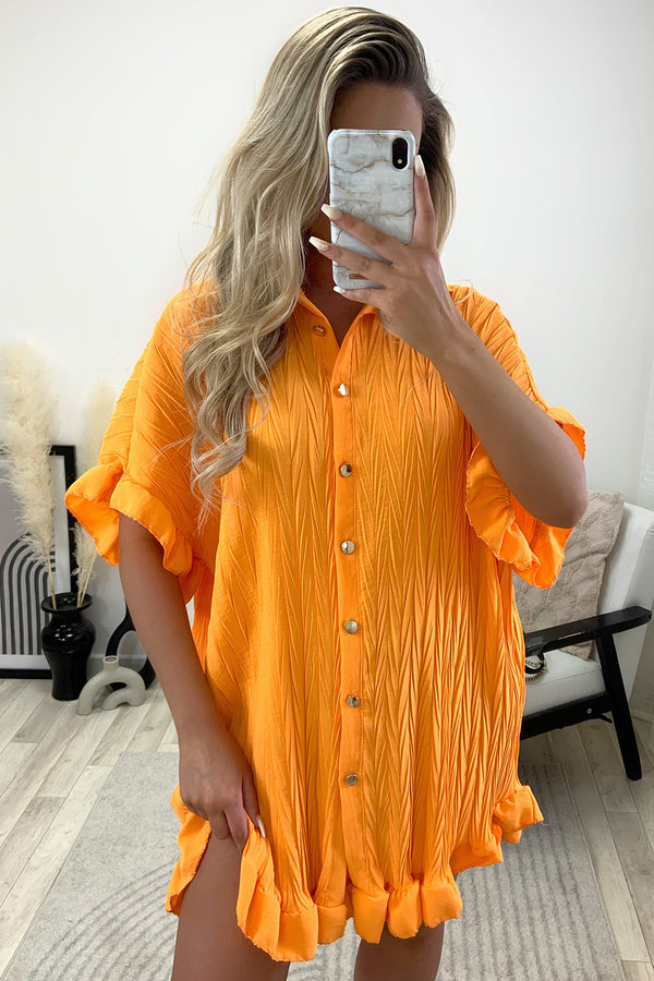 Macie Orange Textured Frill Hem Button Up Shirt Dress